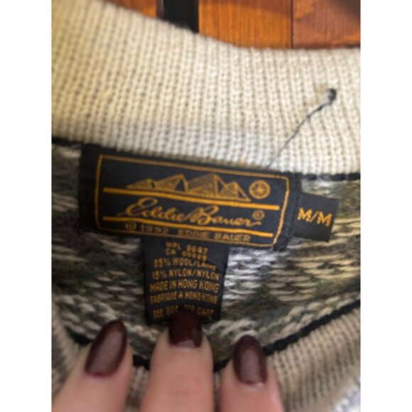 Vtg 90s Eddie Bauer Wool Sweater Medium Fair Isle Nordic Black White Snowflake - Picture 3 of 10